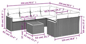 9 pcs conjunto de sofás p/ jardim c/ almofadões vime PE preto