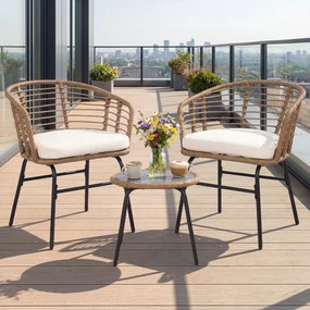 Conjunto jardim de rattan PE para exterior com almofadas macias, Estrutura metálica e tampo em vidro temperado para pátio ou terraço, cor bege