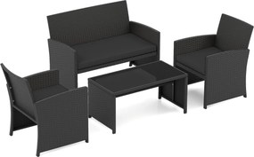 Conjunto de jardim em rattan com 4 peças: sofás de 2 lugares, mesa de vidro temperado e almofadas para exterior, varanda ou piscina, Preto+Preto