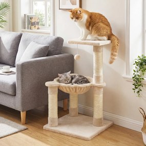 Arranhador para gatos 40 x 40 x 64 cm com rede, postes revestidos a sisal e bola de brincar bege