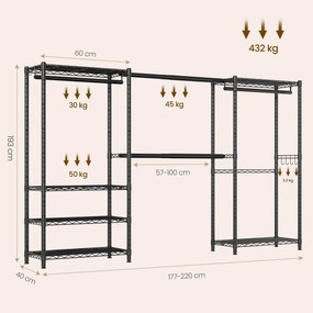Guarda roupa aberto 40 x (177-220) x 193 cm com ganchos, extensível, com prateleiras ajustáveis e varão aberto para pendurar roupa, preto