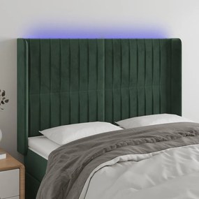 vidaXL Cabeceira de cama c/ LED veludo 147x16x118/128 cm verde-escuro