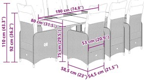 9 pcs conjunto bistrô de jardim c/ almofadões vime PE cinzento