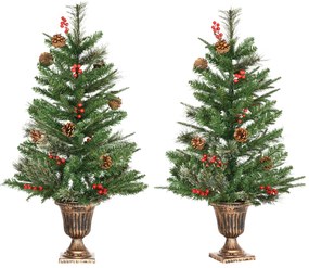 HOMCOM Conjunto de 2 Árvores de Natal Artificial 90cm com Vaso Ignífugo com 110 Ramos 70 Bagas 8 Pinhas e Folhas de PVC Verde