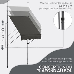 Toldo retrátil manual autoportante, 1,5 m (L) x 1,2 m (P) x 2,1–3 m (A), inclinação ajustável, metal, alumínio e poliéster cinzento escuro