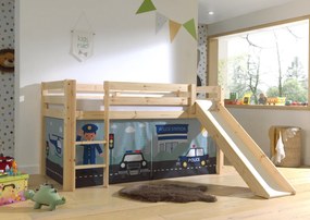 Cama alta de Criança PINO 90 x 200 cm + estrado + escada + escorrega + cortina Policia Natural