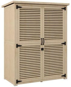 Armário de Jardim de Madeira 0,83 m² 127x65x168 cm com 2 Portas de Persiana 2 Prateleiras 2 Alças e Telhado Impermeável Natural