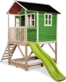 Casa de brincar infantil exterior para crianças Loft 500 em madeira com escorrega e caixa areia - Verde