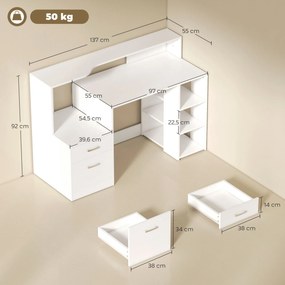 Secretária para computador, secretária com arrumação, 2 gavetas, prateleiras abertas e prateleira para impressora, 137x55x92 cm, branco