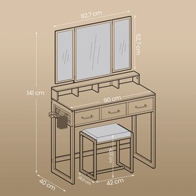 Conjunto toucador com banco estofado com espelho triplo, 3 gavetas 90 x 40 x 141 cm castanho vintage-preto