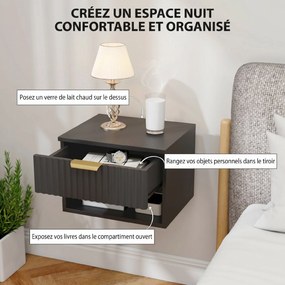 Conjunto de 2 mesas de cabeceira suspensas  40 x 34 x 29 cm, mesas de cabeceira de parede com gaveta e compartimentos abertos, estilo moderno, preto