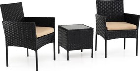Conjunto de móveis de jardim de 3 peças em rattan com 2 cadeiras e Mesa auxiliar de vidro para terraço, pátio ou varanda Castanho+Preto