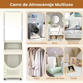 Carro para roupa suja 40 x 30 x 136 cm de 3 níveis com barra para pendurar dobrável com rodas bloqueáveis 8 ganchos para pendurar Bege