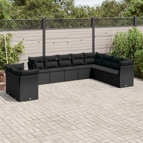 vidaXL 10 pcs conjunto sofás de jardim c/ almofadões vime PE preto