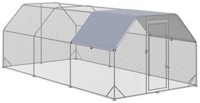 PawHut Galinheiro para Exterior Grande de Aço Galvanizado 280x570x195 cm Gaiola para Galinhas com Cobertura de Tecido Oxford Prata