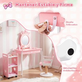 Conjunto de Toucador Infantil com Cadeira e Carrinho Auxiliar, 63 x 35 x 98 cm, Espelho com Iluminação LED de Três Tons, Rosa