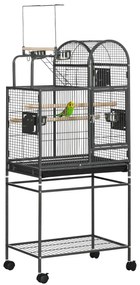 PawHut Gaiola para Pássaros 61x43x163cm com 4 Portas 2 Comedouros 3 Poleiros Bandeja Removível Prateleira Aberta e 4 Rodas Preta | Aosom Portugal