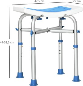 Banco de duche 42,5 x 27 x 44-51,5 cm assento almofadado e ajustável, ventosas antiderrapantes, em alumínio azul