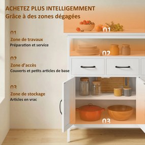 Aparador de cozinha 95 x 35 x 88 cm, móvel de arrumação, 3 portas, 3 gavetas, compartimento aberto e prateleiras ajustáveis, branco