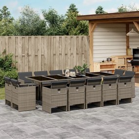vidaXL 15 pcs conjunto jantar p/ jardim c/ almofadões vime PE cinzento