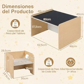 Conjunto de mesa e 2 cadeiras infantis com quadro de giz integrado e motivo de elefante em madeira, para crianças a partir dos 3 anos, sala de jogos/c
