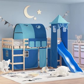 vidaXL Cama alta para criança com torre 90x200 cm pinho maciço azul
