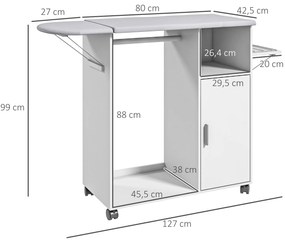 Móvel de Engomar de Madeira com Rodas Barra para Pendurar Roupa Prateleira Aberta e Tábua Dobrável 107x42,5x99 cm Branco