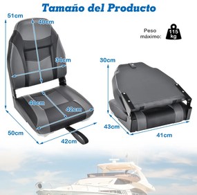 Banco de barco rebatível com encosto alto Almofada almofadada macia Assento de capitão moldado universal 44,5 x 51 x 61 cm Preto