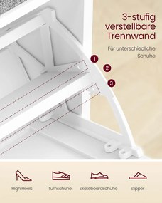 Banco para sapatos com almofada 30 x 60 x 53,5 cm, compartimento rebatível e divisória ajustável Branco-Cinzento