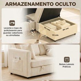 Sofá modular em L de 235 cm com arrumação e ottoman em bombazina, creme