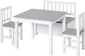 HOMCOM Conjunto Infantil de Mesa 2 Cadeiras e Banco com Armazenamento Móveis Infantil para Sala de Jogos Branco e Cinza | Aosom Portugal