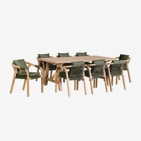 Conjunto De Mesa Retangular (200x100 Cm) E 8 Cadeiras De Jardim Em Madeira De Acácia Dubai Verde Exército Claro & Castanho Acácia Rústico - Sklum