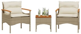3 pcs conjunto de sofás p/ jardim com almofadões vime PE bege