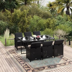 vidaXL 7 pcs conjunto de jantar p/ jardim c/ almofadões vime PE preto