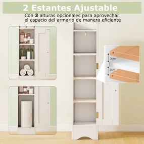 Armário estreito para casa de banho com porta e prateleiras ajustáveis, suporte para rolo de papel higiénico 18 x 19,5 x 80 cm Branco