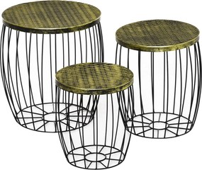 Conjunto de 3 Mesas de Jardim Empilháveis Mesas Auxiliares Redondas com Estrutura Metálica e Tampo Imitação Vime Preto