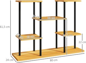 Suporte para plantas de interior com 6 prateleiras, estrutura em aço e base em madeira maciça, 80 x 24 x 61,5 cm, madeira natural