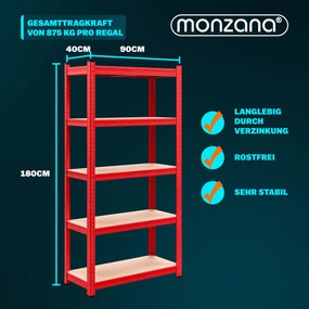 Conjunto de 2 estantes para cargas pesadas até 875 kg, 180 x 90 x 40 cm Vermelho