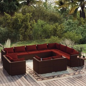 vidaXL 12 pcs conjunto lounge jardim c/ almofadões vime PE castanho