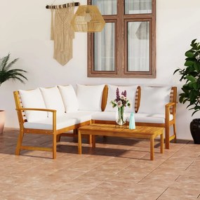 vidaXL 4 pcs conj. lounge jardim c/ almofadões acácia maciça cor creme