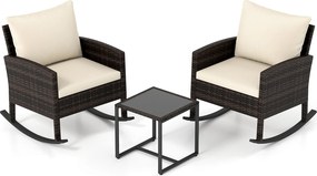 Conjunto de 2 Cadeirões de Baloiço e Mesa Auxiliar, 77 x 62 x 72 cm, Almofadas Bege com Capas Laváveis,