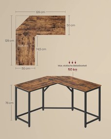 Secretária de canto 129 x 129 x 76 cm castanho vintage-preto