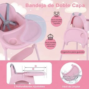 Cadeira refeição alta conversível 4 em 1 para bebés 2 alturas comTabuleiro duplo removível Arnês de 5 pontos Apoio para os pés Fácil de limpar 6-36 me