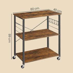 Carrinho de cozinha 40 x 80 x 89 cm com 3 prateleiras com rodas, castanho vintage-preto