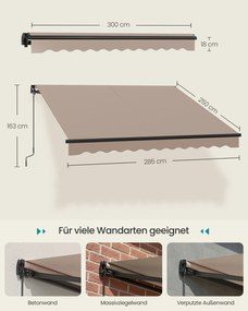 Toldo varanda de braço articulado 300 x 250 cm (C x L) com manivela para uma proteção solar fiável, castanho
