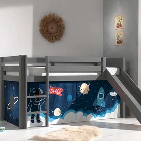 Cama alta de Criança PINO 90 x 200 cm + estrado + escada + escorrega + cortina Espaço Cinzenta