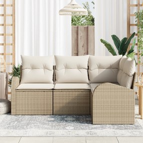 Conjunto de Sofá de Jardim de 4 Peças com Almofadas Bege em Rattan Pol