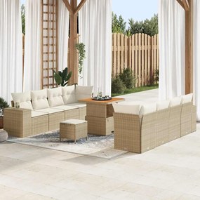 Conjunto de Sofá de Jardim vidaXL com Almofadas Bege Polí Rattan Acácia, 11 Peças