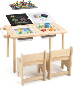 Conjunto de Mesa de Atividades Infantil com 2 Cadeiras, 86 x 55 x 51 cm, Multifuncional 6 em 1, Natural