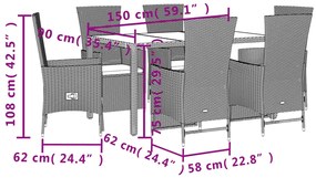 7 pcs conjunto de jantar p/ jardim com almofadões vime PE bege